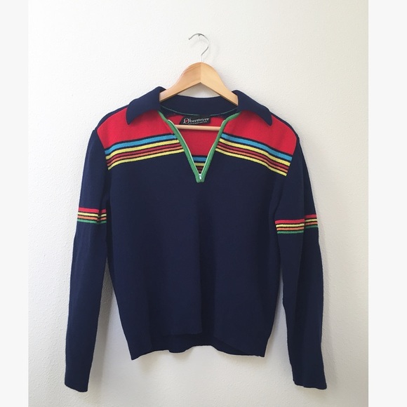 Vintage Sweaters - Vintage Rainbow Striped Wool Quarter Zip Sweater